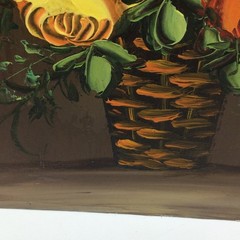 Rant Buic Vintage Floral Oil Painting Wood Panel Basket of Roses Retro 70s MCM
