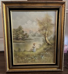 Original ,signed Charles Manning oil painting „Girl by the Lake“31.5″t x 27.5″w