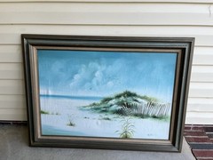 Vtg Coastal Landscape Oil Painting Beach Waves Dunes Seagulls Signed Framed