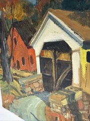 Vintage Original Painting 16”x20” Rural Covered Bridge Oil On Board Signed, ‘63