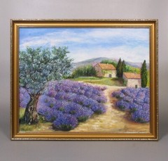 Vintage French Oil Painting Landscape Provence Lavender field Olive Cypress Tree