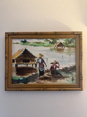 Vintage Vietnamese Silk Painting Original Hand Painted Watercolor River Village
