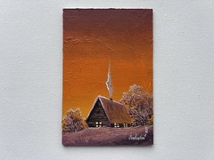 Golden Cabin in the Woods Original Oil Painting. Sunset Lodge An Evening Art
