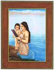 Indian Art Painting Of Mother And Child Looking Into The Mirror 10.5×13.5 Inches