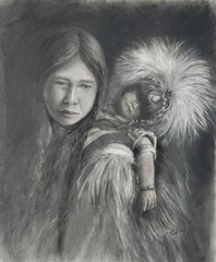 Original Expressive Native American and Child 14 x 11 Pastel on Pastel Paper