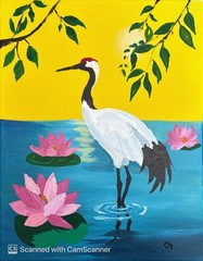 Crane and Lotus in a Pond Original Acrylic Painting 11×14 Signed Canvas Art