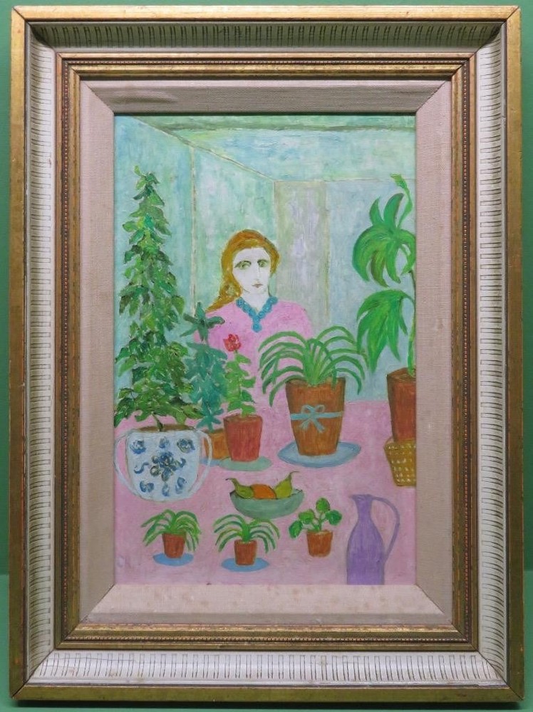 Celeste Radloff (1930-1994) British naive portrait oil painting Girl With Plants