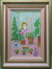 Celeste Radloff (1930-1994) British naive portrait oil painting Girl With Plants