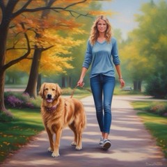 WALKING DOG IN PARK Painting Mini ACEO Art Card Print Signed 2.5×3.5”