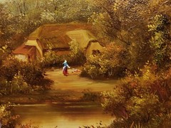 ORIGINAL LATE 20TH C. OIL PAINTING ON PANEL FIGURES AND FARM RURAL IN LANDSCAPE.
