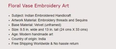 Indian Velvet Embroidery Art Handmade Jaipur Floral Vase Decor Ethnic Handicraft
