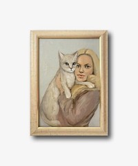 Portrait with Cat Oil Painting White Kitten Wall Art Beautiful Girl Pet Woman