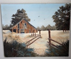 Original Painting Abandoned Farm Barn Blue Sky Trees Signed Myrtle Howell 16X20