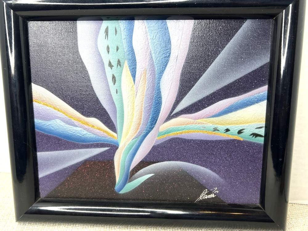 Vtg 90s Modern Abstract Flowy Purple Blue Pastel Canvas Picture Painting SIGNED