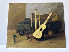 Antique Painting Military Toy Truck Still Life New York Mystery Artist 20 Inches