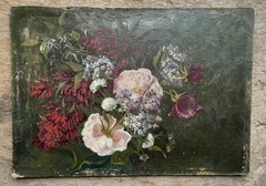 Antique French Oil on Board Painting Floral Bouquet Still Life 1881 Signed