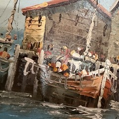 Vintage Mid Century Nautical Oil Painting Harbor Fishing Boats Harbor Scene
