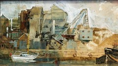 Joan Jackson, Folkstone Kent,“Dover Docks“ Oil on Board Painting INDUSTRIAL