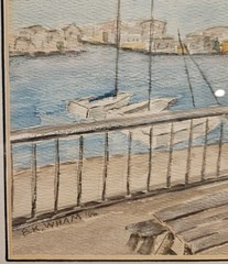 VTG Signed Original Watercolor Coastal Town w/ Boats Flag Framed Beach Patriotic