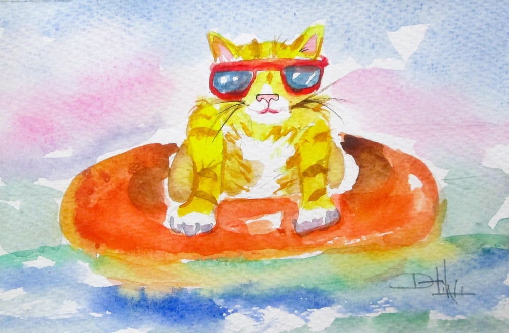 Delilah cat floating inner tube painting watercolor impressionism wall art