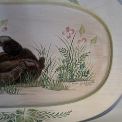 Hand-Painted Oval Wood wall Board 14.5” Bear Cub & Floral, Hanging Hole