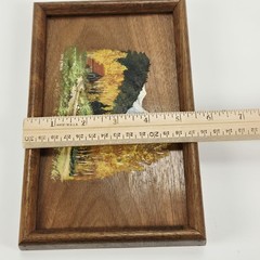 VTG Hand Painted Art on Board Wood Framed Fall Autumn Mountain Cottage USA 8.5″