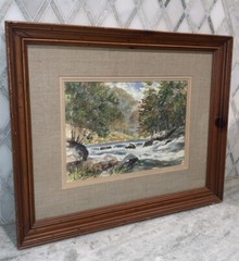 Vintage Original Landscape River Creek Watercolor Framed Matted Signed 23”X19”
