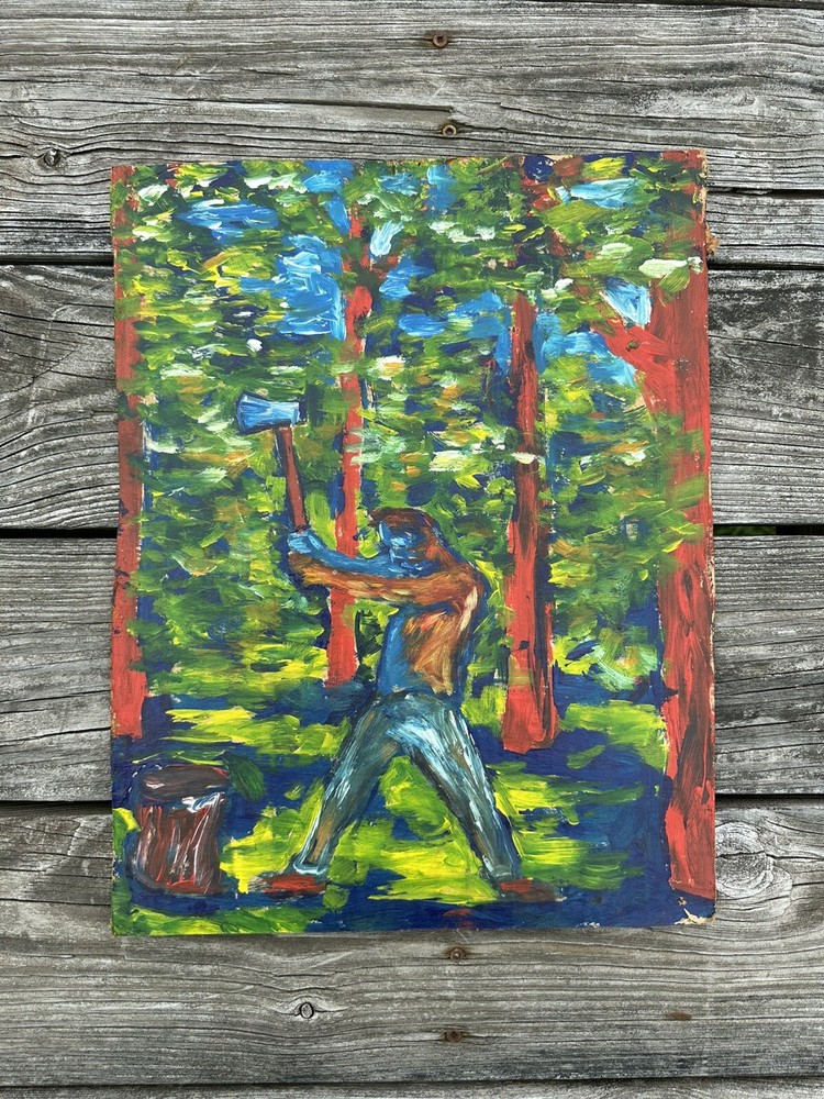 Vintage Original Oil Painting On Cardboard Axeman Logging Chopping Wood Woods