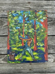 Vintage Original Oil Painting On Cardboard Axeman Logging Chopping Wood Woods