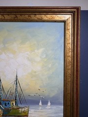 Original Oil Painting on Canvas Harbor Scene with Boats Signed Grace Framed