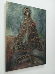 Collage /madera by Miguel Morales cuban art 70x40cm Acrylic / Virgen Caridad