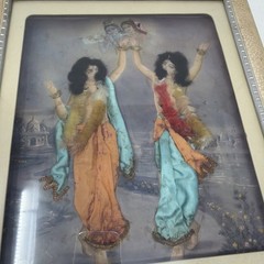 VTG Indian Mixed Media Dancing Women Art Silk Sari Fabric 3D Framed Painting
