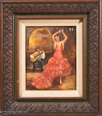 Beautiful Vintage Oil Painting Spanish Flamenco Dancer with Guitarist A Laverdan