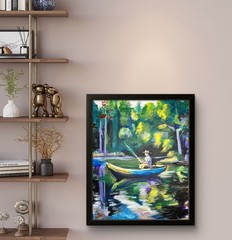 Fishing Trip Boat Pond Abstract Landscape – Vibrant Expressionist Nature Art
