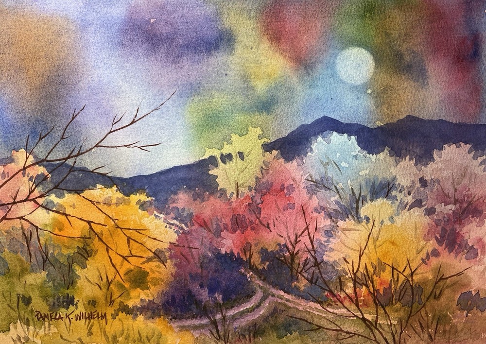 Pamela Wilhelm original 7.5×10” Watercolor Trees Fork In The Road Moonlight Hill
