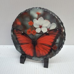 Red Butterfly White/Red Flowers Glossy Picture on Black Slate Wall Art 5.5″