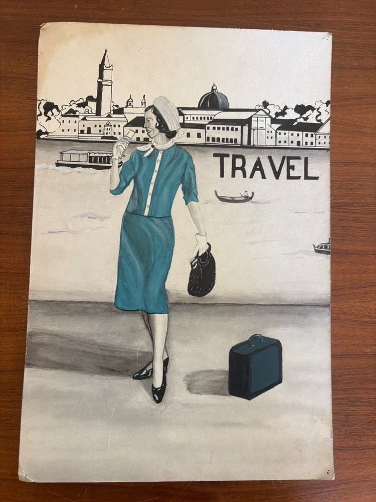 Vintage 1961 Mid-Century Travel Illustration Painting on Board – Original Artwor