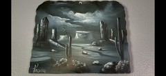Vintage Acrylic Blue Desert Night Acrylic Painting On Granite Stone Slab Signed