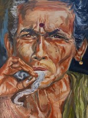 SMOKING MAN ACRYLIC ON CANVAS SIGNED ILLEGIBLY 23.75″ X 23.75″