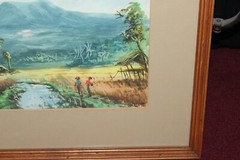 Original Water Color Painting Tribal Village Scene Trees Men Fishing Framed