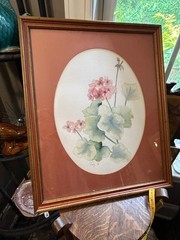 Vintage Red, Pink Gerainum Water Color Framed and matted Signed
