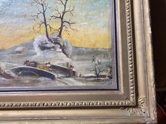 Large Antique „Winter Landscape With Figures Scene“ Oil Painting – Signed/Framed