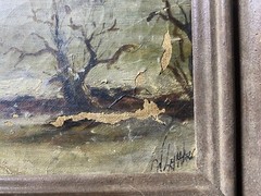 Large Antique „Winter Landscape With Figures Scene“ Oil Painting – Signed/Framed