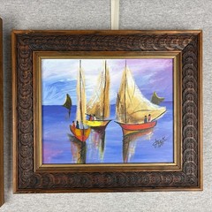 Pair Vtg Haitian MCM Sailboat Oil Paintings Signed Jack 8×10 Carved Wood Frames