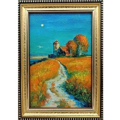Moonlight Village Original Oil Painting Framed 4×6 Signed Night Landscape Art