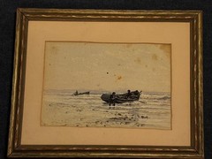 Antique 1893 Watercolor Shore Fishermen Signed Gilt Frame NY Coastal Art