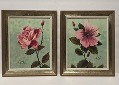 Vintage 1966 Still Life Pink Rose 2 Oil Paintings Signed