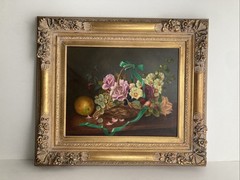 Vintage Original Oil Painting Fine Still Life Basket of Flowers and Fruit Signed