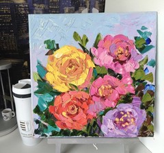 Original Art Oil Painting Pink Peonies Flowers Artwork on Canvas 30x30cm