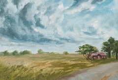 Country Field House ORIGINAL Oil Painting Impressionism Moody Landscape 5″x7″